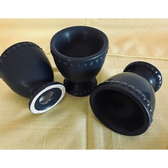 Egg Cup Holder, Blue/Grey Ceramic Set of 3, Embossed Decorative Rim, China - Picture 4 of 8